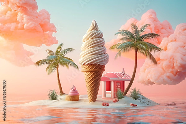 Fototapeta Dreamy island with a giant ice cream cone pink clouds palm trees and a pink beach house.