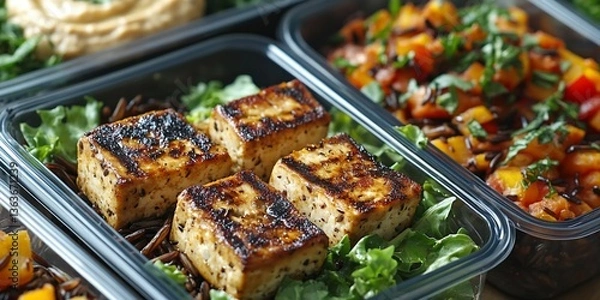Fototapeta Prepared nutritious meal boxes featuring tofu and diverse plant-based components