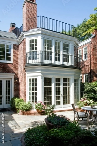 Fototapeta This stunning brick house boasts a charming patio and a lovely balcony, with expansive windows that invite natural light, all nestled amidst vibrant greenery on a bright sunny day