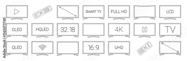 Fototapeta TV black line icon set. Different types of tv displays with signs. HD, TV, Play, remote icons. Pictogram for web page, mobile app, promo. Editable stroke. 