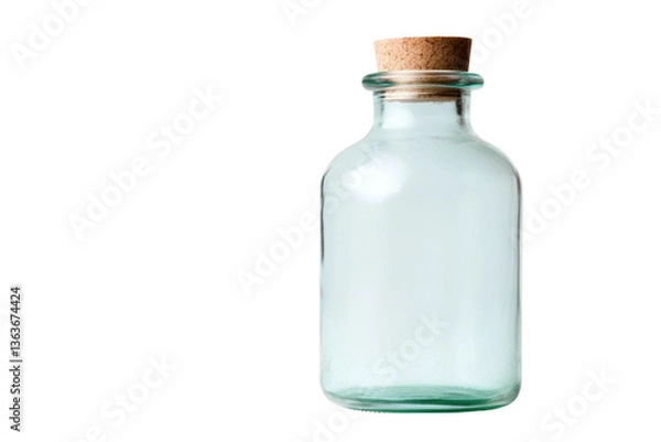 Obraz Clear glass bottle with cork stopper isolated on black background, cut out