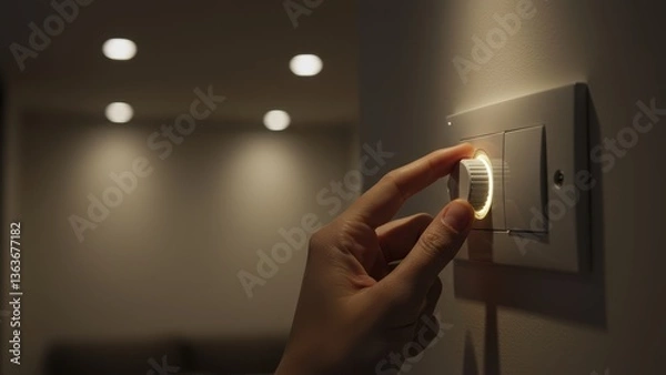 Fototapeta Hand adjusting a light dimmer switch on a wall indoors