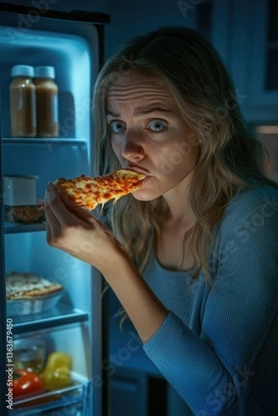 Fototapeta A woman at midnight, sneaking a slice of pizza from the fridge in quiet solitude.