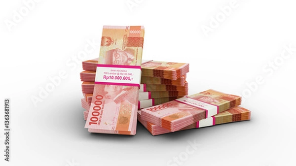 Obraz 3d rendering of Stack of Indonesian rupiah notes. Few bundles of indonesia currency isolated on white background	