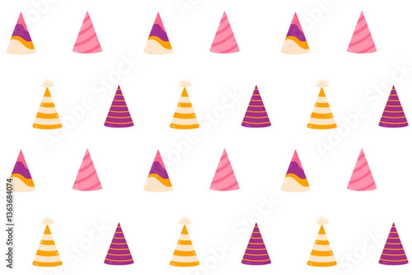 Fototapeta Vector seamless pattern with assorted party hats in pink, purple, yellow, and orange tones. Perfect for birthday decorations and wrapping.