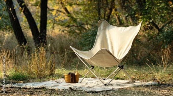 Obraz Outdoor Relaxation Foldable Chair in a Serene Natural Setting with Picnic Essentials