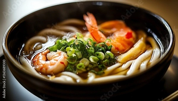 Fototapeta Delicious udon noodles served with fresh shrimp and crisp vegetables.