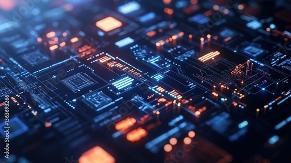 Fototapeta Abstract digital circuit board with glowing lines and components.
