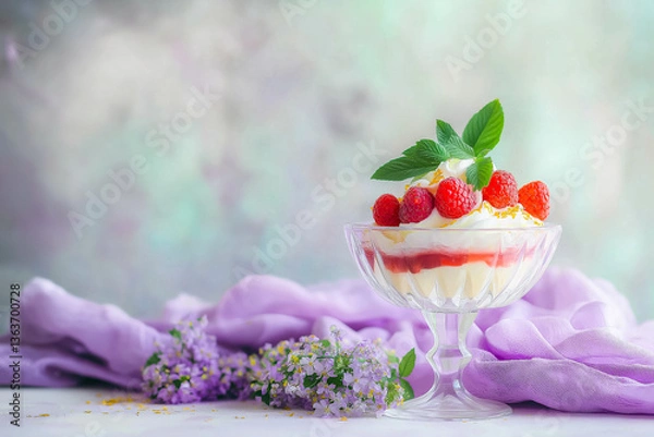 Fototapeta Luxurious Raspberry Dessert in a Crystal Coupe Glass