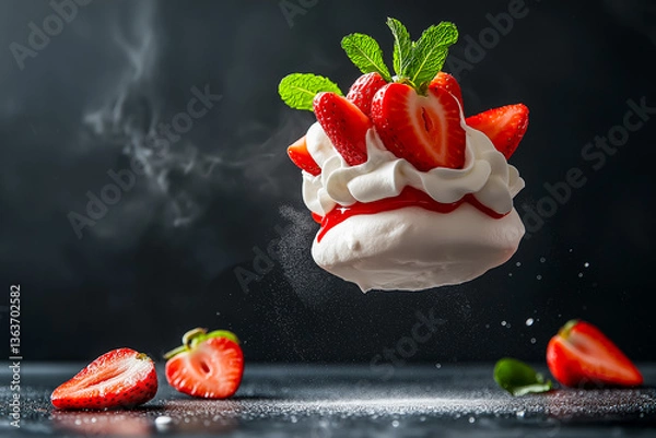 Fototapeta Levitating Strawberry Pavlova with Modern Minimalism