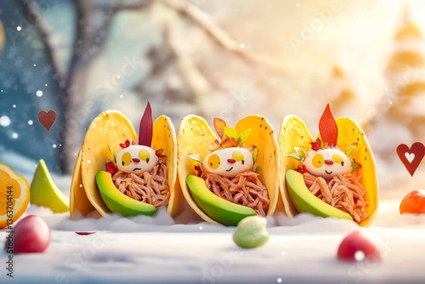 Fototapeta Pastel pork carnitas tacos with asymmetrical layout