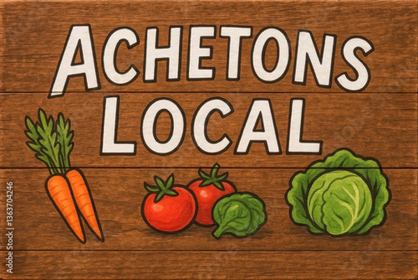 Fototapeta Panneau en bois “Achetons Local” avec carottes, tomates et chou, style marché