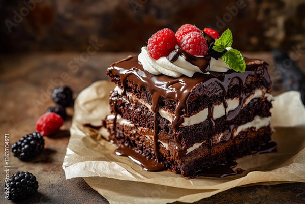 Fototapeta Rustic Chocolate Cake Layered Dessert with Whipped Cream