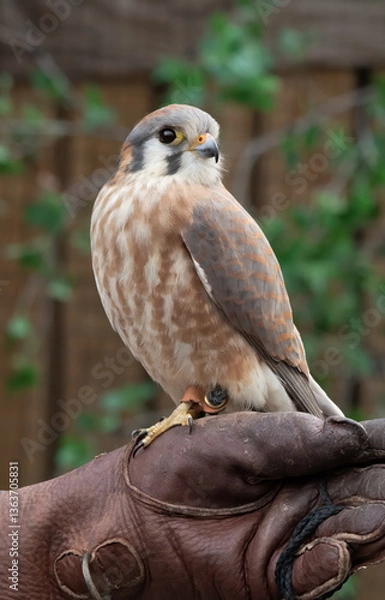 Fototapeta Female American kestrel (Falco sparverius) on gloved hand of instructor at the Virginia Wildlife Center. Bird has been treated for injuries and is now used in education.