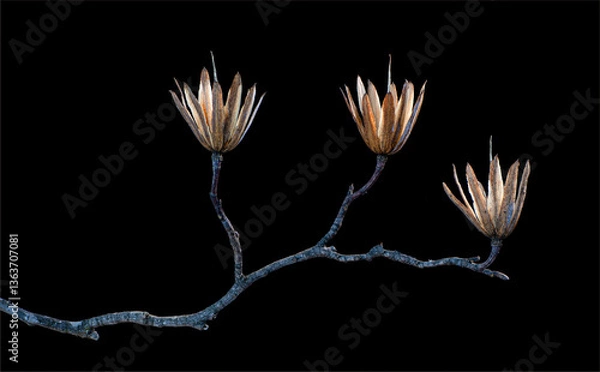 Fototapeta Branch from a tulip tree (Liriodendron tulipifera) in late winter with remnant seed clusters.