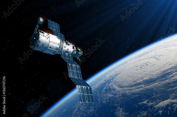 Obraz Space station deploys solar panels over planet Earth. 3d illustration.