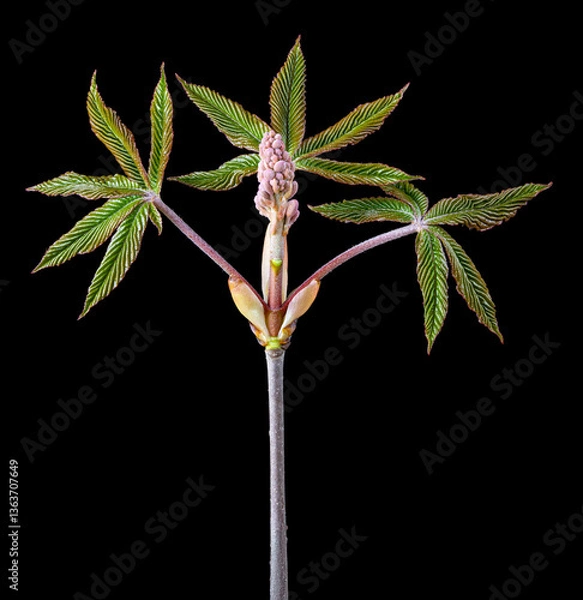 Fototapeta Branch of red buckeye tree (Aesculus pavia) in early spring, showing emerging leaves and flower bud in center.