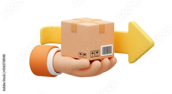 Fototapeta 3D Return of parcel or order to courier. Deliveryman hand holding cardboard box. Fast delivery concept. Return with arrow back. Cartoon creative design icon isolated on white background. 3D Rendering