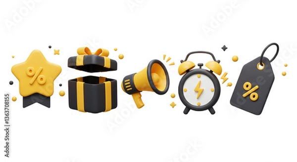 Fototapeta 3D Black Friday sale set icon. Shopping promotion and discount. Megaphone, price tag, gift box and alarm clock with flash. Cartoon creative design icon isolated on white background. 3D Rendering