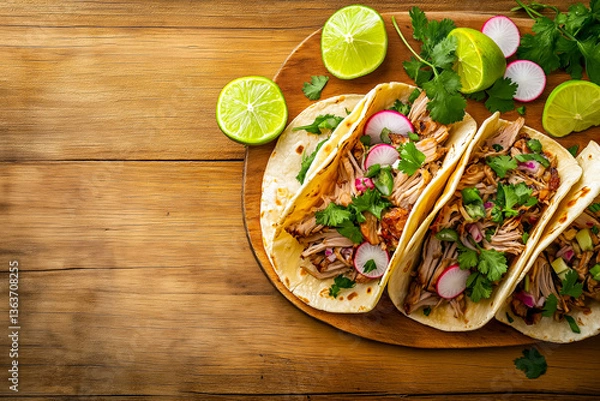 Fototapeta Flat lay of three pork carnitas tacos with eco-decor