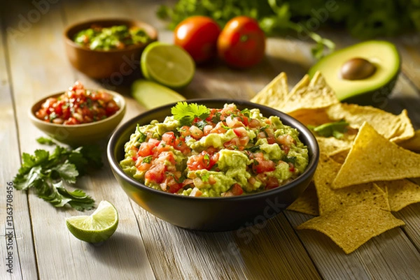 Fototapeta Delicious guacamole with fresh ingredients and tortilla chips