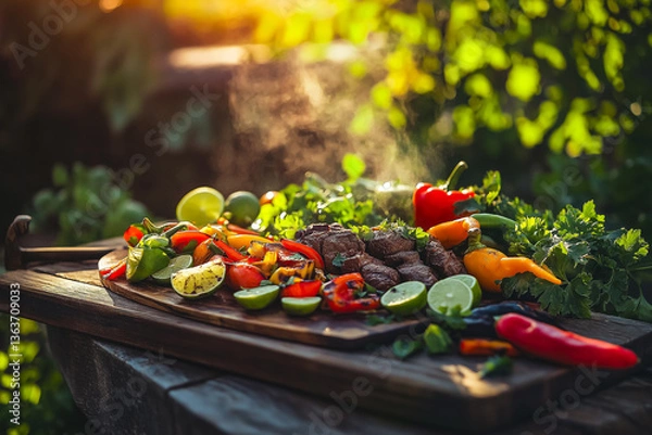 Fototapeta Sizzling beef fajitas with eco-decor accents