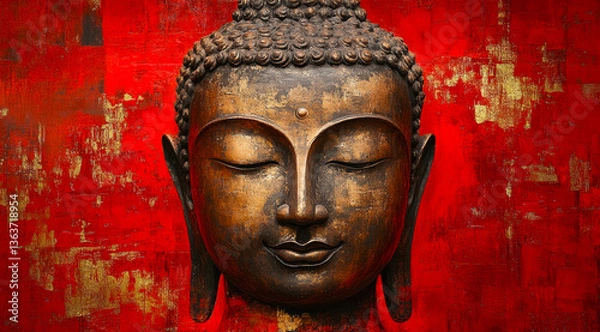 Fototapeta Serenity captured in rustic artistry with a serene Buddha's face against a vibrant red backdrop, evoking peace and contemplation in a spiritual setting