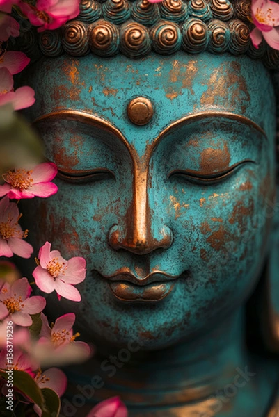 Obraz Buddha's serene gaze glows in turquoise and bronze, embraced by nature's vibrant flowers, capturing peace and tranquility in a stunning close-up