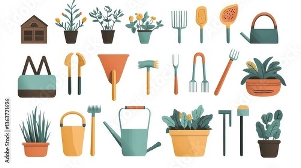 Fototapeta Vector icons of various gardening tools and equipment