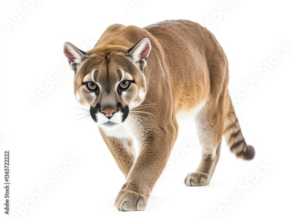 Obraz Mountain Lion Walking Towards Camera with Intense Gaze on White Background