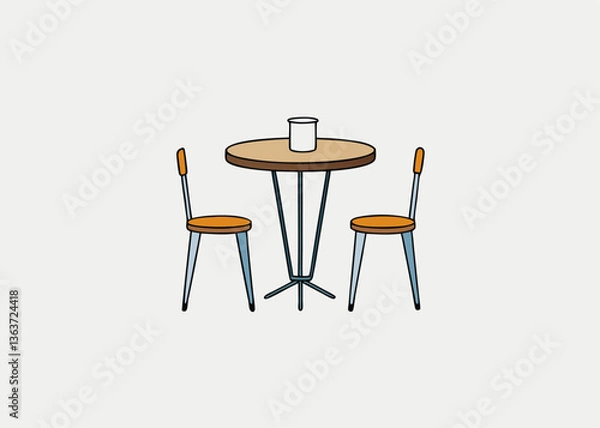 Fototapeta Stylish Cafe Setting: A charmingly minimalist illustration depicts a circular table accompanied by two chairs, with a glass placed atop. capturing the essence of a cozy cafe or a stylish dining area