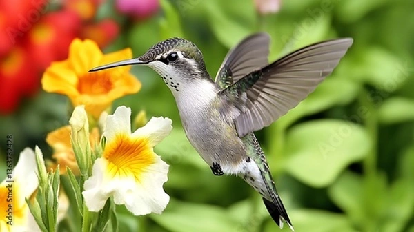 Obraz Hummingbird in flight near flowers.