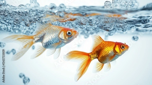 Obraz Tranquil Goldfish Swimming in Crystal Clear Water on White Background