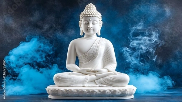 Obraz White Buddha statue in blue smoke.