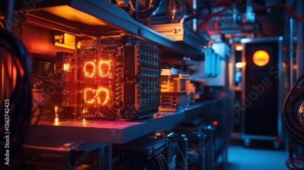 Fototapeta Complex quantum computing hardware with glowing displays in a server rack