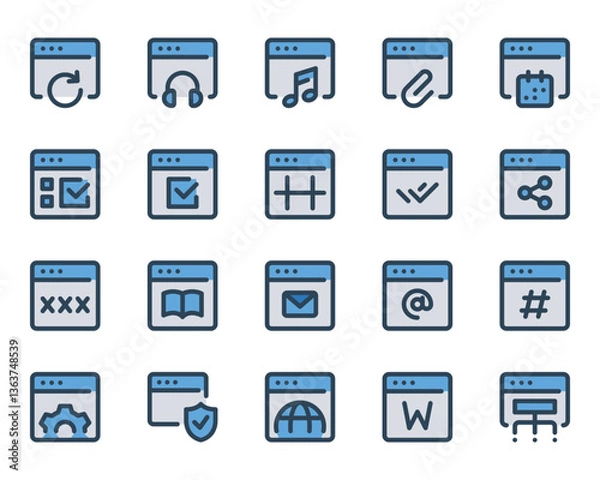 Fototapeta Filled blue outline icons set for Webpages, websites, browser, window.