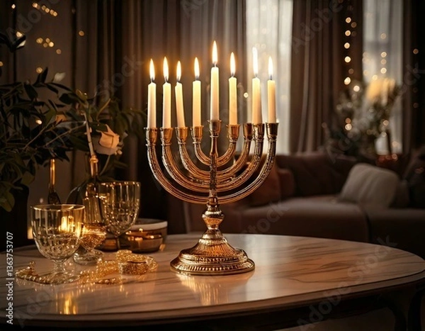 Fototapeta Golden menorah with burning candles on table against grey background and blurred festive lights