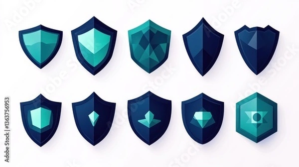 Fototapeta Teal and dark blue shield icons; game design assets