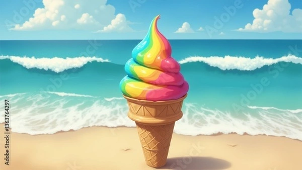 Fototapeta digital illustration ice cream cone beach cone waffle cones placed sandy beach ocean background ocean beautiful turquoise color white waves crashing onto shore sky blue few white clouds scattered