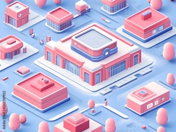 Fototapeta Futuristic Pastel Pink and Blue Geometric Isometric Architectural Structures in Minimalist 3D Render