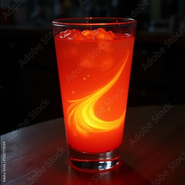 Fototapeta close tall glass filled red orange drink drink appears cocktail similar type drink ice cubes floating glass sitting wooden table background blurred making drink focal point color drink gradient