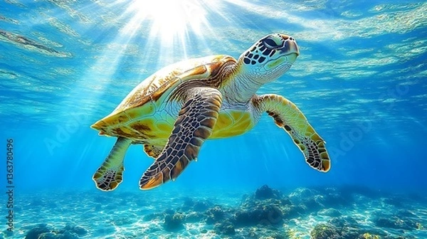 Fototapeta Sea Turtle Swimming Underwater in Clear Ocean, A sea turtle swimming underwater in clear blue ocean waters, surrounded by rocks and coral