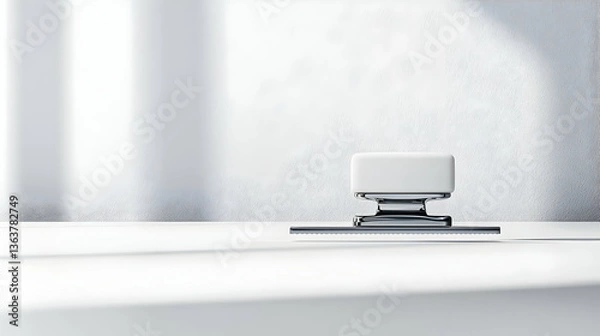 Fototapeta Modern white technology machine object on clean white surface with soft shadow and scattered elements