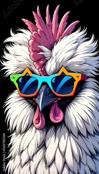 Fototapeta a silkie chicken cartoon illustration wearing cool sunglasses, cool, funny, cute, bird, poultry, farm animal, stylish, hipster chicken, funny chicken, silkie chicken, animal cartoon, cool bird, quirky