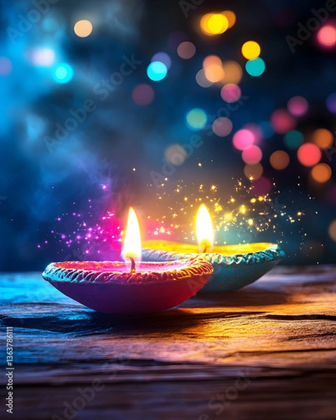 Obraz Two lit diyas on wooden surface with bokeh lights and magical sparkles