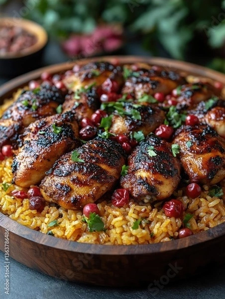 Obraz Grilled chicken thighs served over spiced rice with pomegranate seeds and herbs in a rustic setting
