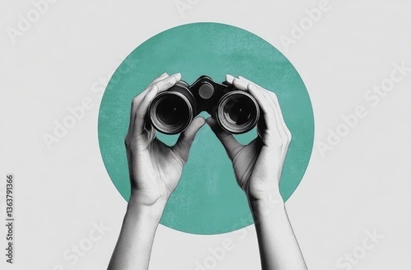 Fototapeta Hands holding binoculars, searching for opportunity.  A creative visual representation of exploration and discovery