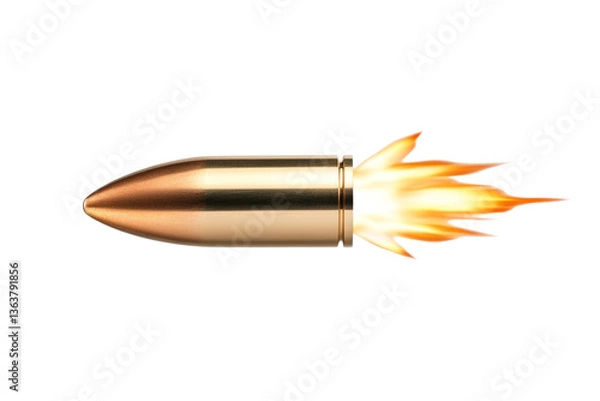 Fototapeta Bullet is shot out of a gun and is in the air with a bright orange flame, isolated