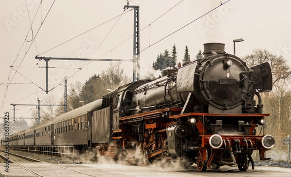 Fototapeta vintage black steam powered railway train