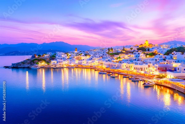 Fototapeta Vibrant sunset over a picturesque coastal town with illuminated buildings and calm waters (1)
